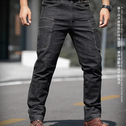 Men's Tactical Jeans Military Denim Cargo Pants Multi-pocket Elastic Casual  Work Trousers Outdoor Combat Training Hiking Pants