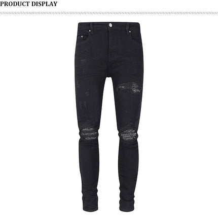 Designer street fashion men's jeans washed, elastic, slim fit, perforated, cashew flower patch, black denim high street pants, h PlatiNum