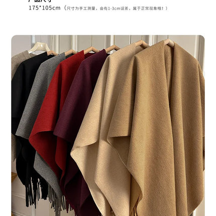 Women Split‑Open Woolen Tassel Poncho Shawl Thick Warm Cape Coat Autumn Winter Travel Photography Outer Wrap