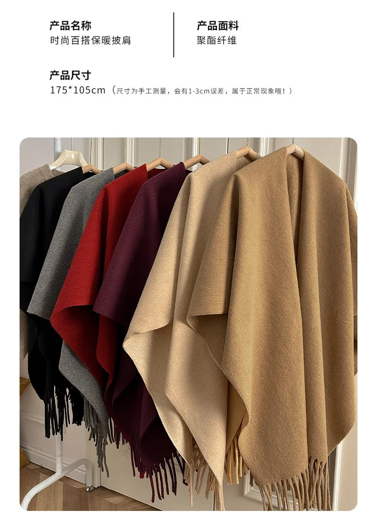 Women Split‑Open Woolen Tassel Poncho Shawl Thick Warm Cape Coat Autumn Winter Travel Photography Outer Wrap