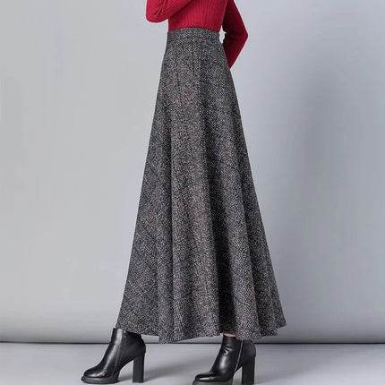New Women Thick Woolen Skirt Autumn Winter Fashion Elastic High Waist A-Line Long Plaid Skirt Elegant Easy Match Wool Skirt PlatiNum