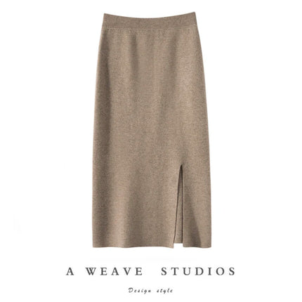 Women Pure Cashmere Long Skirts Spring Autumn Winter Straight Thick Skirts 100% Cashmere Knit Split Skirts PlatiNum