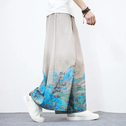 Nuovi Pantaloni da Uomo con Stampa Tradizionale a Gru, Stile Cinese Vintage, Pantaloni Harem Estivi, Pantaloni Larghi Hanfu Oversize da Uomo