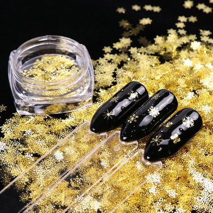 80-90pcs/jar Hollow Out Gold Nail Glitter Sequin Snow Flakes 8/10mm Mixed Metal Snowflakes 2023 DIY Snow Flake Manicure Decor 2028