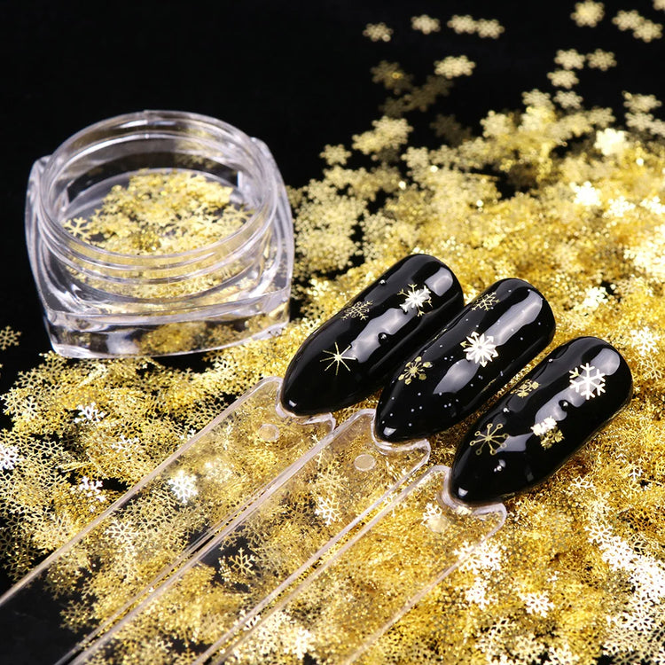 80-90pcs/jar Hollow Out Gold Nail Glitter Sequin Snow Flakes 8/10mm Mixed Metal Snowflakes 2023 DIY Snow Flake Manicure Decor 2028