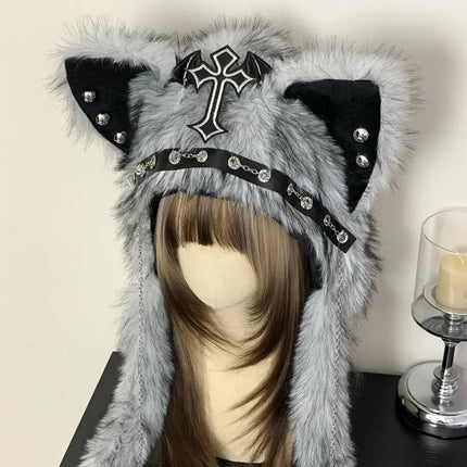 Dark Series Gothic Plush Hat Y2K Cross Metal Style Headwear Cosplay Cat Ear Hat Halloween Punk Rock Warm Cap for Women Men Child