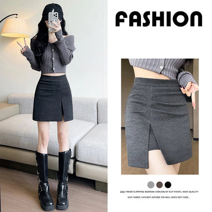 2025 Autumn Side Split Woolen Mini Skirts Women High Waist Slimming Short Skirt Korean Streetwear Sexy Spicy A-Line Skirts Mujer PlatiNum