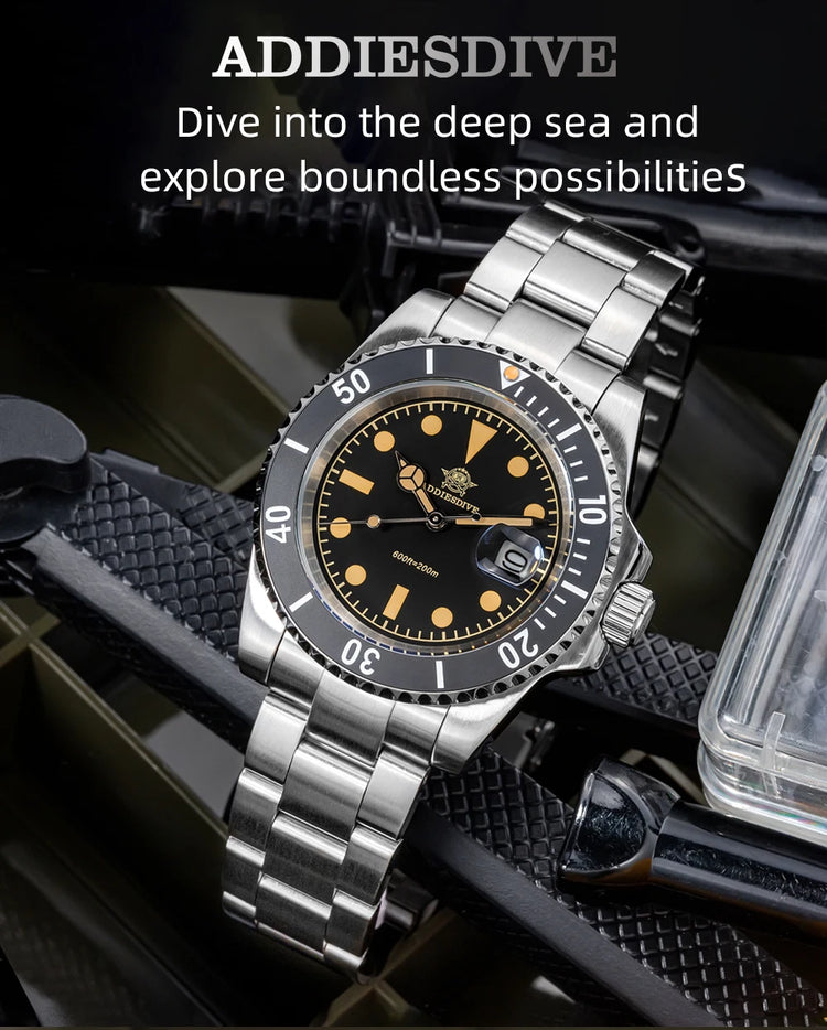 ADDIESDIVE 41mm Mens Dive Watch 200M Water Resistant Vintage Super Luminous Ceramic Bezel Date Display 316L Steel Quartz Watch