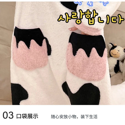 Women Onesie Kigurumis Cow Pajamas Adult Female Winter Sleepwear Zipper Hooded  Jumpsuits Thick Soft Warm Fleece Pijama Mujer