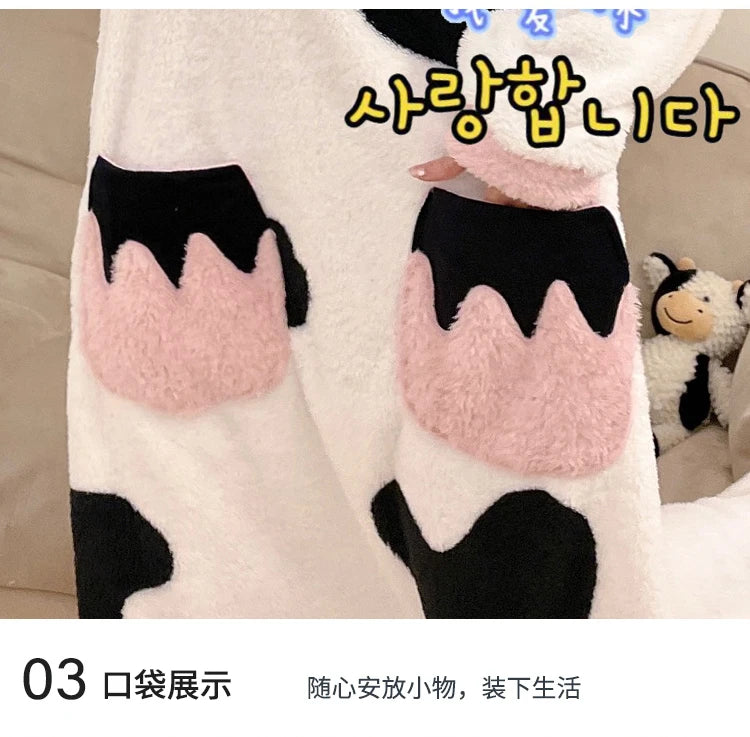 Women Onesie Kigurumis Cow Pajamas Adult Female Winter Sleepwear Zipper Hooded  Jumpsuits Thick Soft Warm Fleece Pijama Mujer