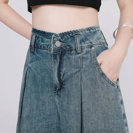 Korean Casual High Waisted Pleated Denim Shorts For Women Spring Summer Baggy Jeans Shorts Y2k  A-Line Wide Leg Jeans PlatiNum