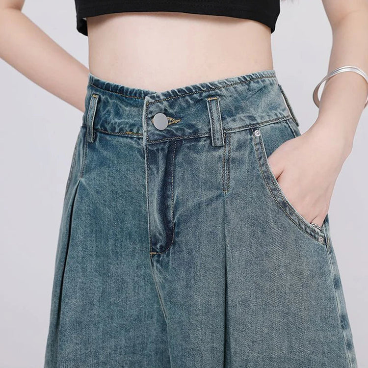 Korean Casual High Waisted Pleated Denim Shorts For Women Spring Summer Baggy Jeans Shorts Y2k  A-Line Wide Leg Jeans PlatiNum