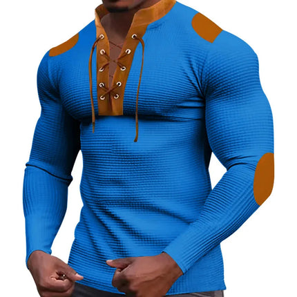 Cross-border new men's waffle color matching strap V-neck top casual long-sleeved bottoming T-shirt PlatiNum