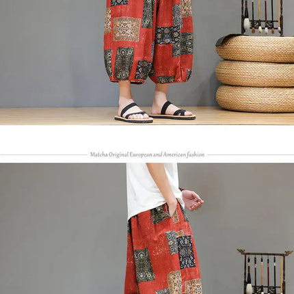 Pantaloncini da uomo estivi Pantaloni larghi casual comodi in cotone Pantaloni tradizionali al polpaccio retrò Pantaloncini traspiranti da uomo Streetwear