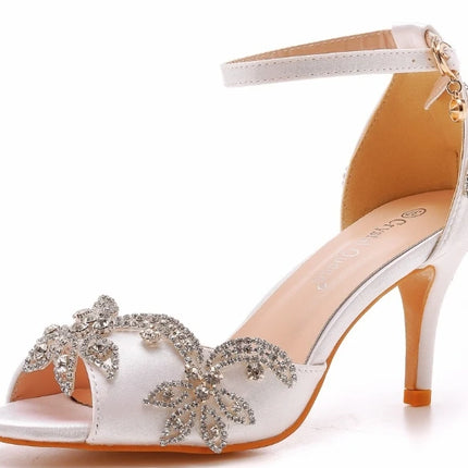 Sandalias de mujer de calidad femenina con diamantes de imitación de PU, tacón delgado de 7 cm, correa de hebilla, zapatos de vestir de estilo coreano para mujer, azul cielo maduro