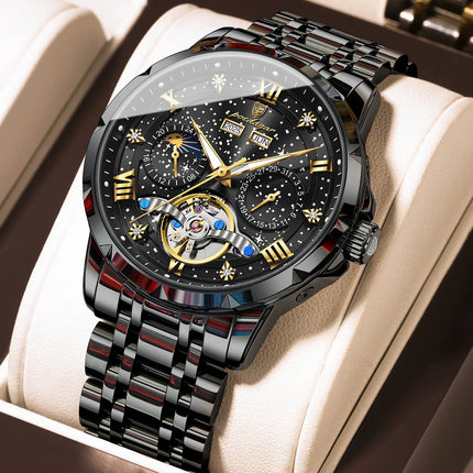 POEDAGAR Top Orologio da uomo originale Orologio meccanico automatico da uomo in acciaio inossidabile Calendario Hollow Tourbillon Orologio da uomo Maschio + scatola platinumshop