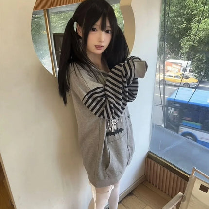 Japanese Harajuku Kawaii Long Sleeve Hoodie Women Cat Ears Sweet Sweatshirt Lace Striped Zipper Casual Cartoon 2025 Autumn