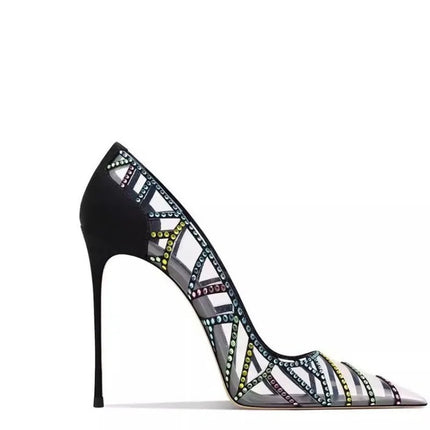 Scarpe da Donna Nere con Tacco a Spillo a Punta, Nuove 2026, con Strass Multicolore Trasparenti, Design di Nicchia platinumshop