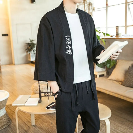 Set da due pezzi (camicia + pantaloni) camicia da uomo in cotone di lino con ricamo stile giapponese pantaloni larghi casual da uomo pantaloni Tai Chi Kungfu retrò