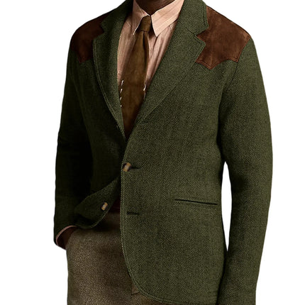 Herringbone Tweed Men's Blazer Jacket Wool Blend Suede Patch Shoulder Men's Sport Coat Business Casual Slim Fit For Oktoberfest