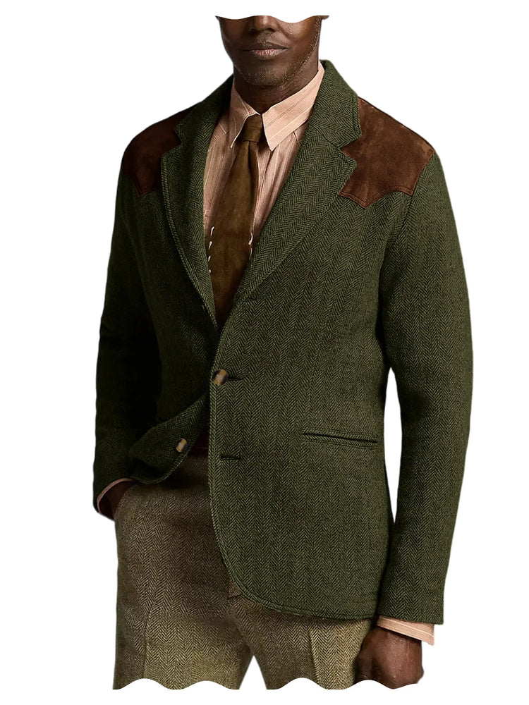 Herringbone Tweed Men's Blazer Jacket Wool Blend Suede Patch Shoulder Men's Sport Coat Business Casual Slim Fit For Oktoberfest