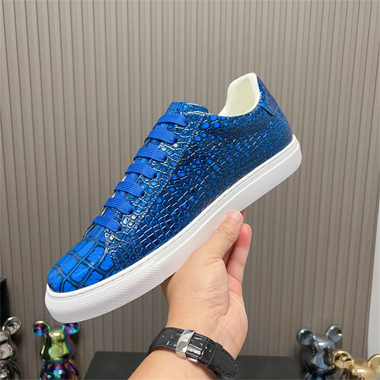 Leather Sneakers Men Calfskin Alligator Pattern Casual Shoes Lace Up Flats Daily Footwear