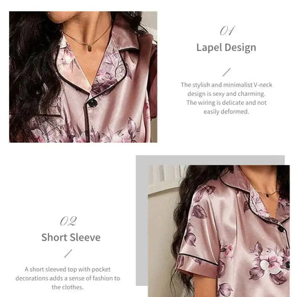 Pigiama da donna elegante pigiameria in raso Pj Set stampa floreale bottoni manica corta risvolto top e pantaloni lunghi indumenti da notte vestiti per la casa platinumshop