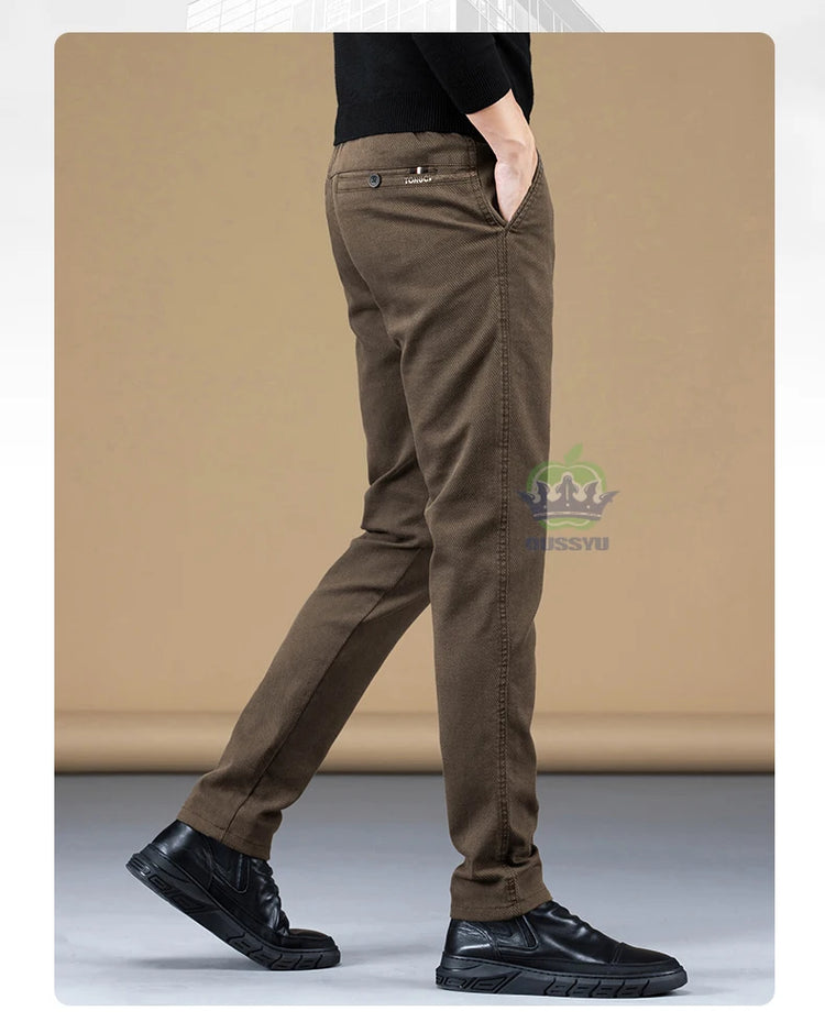 Autumn Winter Cotton Fabric Stretch Casual Pants Men Slim Fit Grey Black Korea Work Classic Brown Cargo Trousers Male 28-38