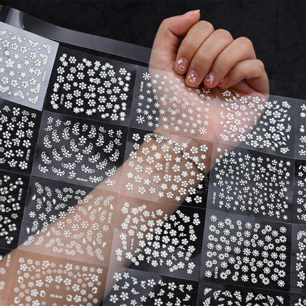 30sheets White Flower Nail Art Stickers 3D Rhinestones Floral Nail Decals 5.5*6.5cm Self Adhesive White Flower Nail Decorations