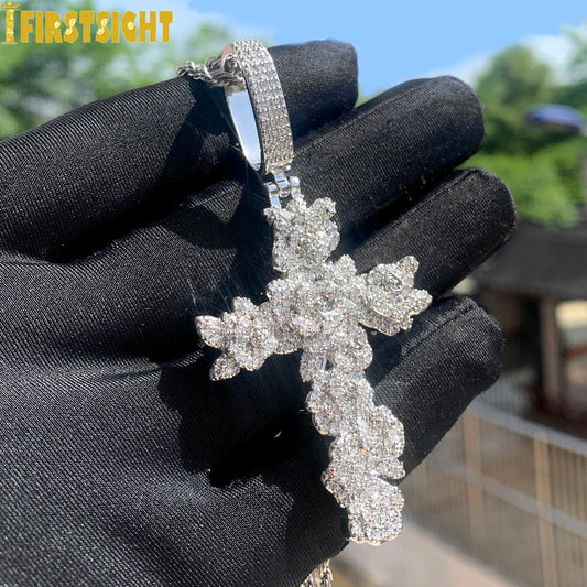 New Iced Out Bling Flower Cross collana per donna uomo Color argento Prong Setting Cubic Zirconia Rose Charm gioielli Hip Hop