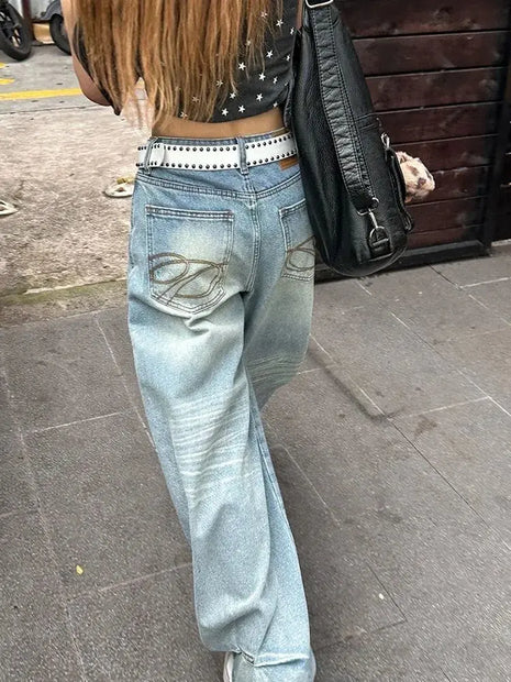 Jeans ricamati vintage Y2k casual da donna Pantaloni in denim larghi dritti a vita alta blu Jeans a gamba larga da strada americani retrò anni '90