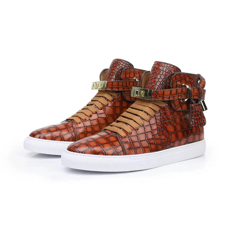 Luxury Designer Men Crocodile Pattern High Top Sneakers Glossy Patent Leather Gold Buckle Lace-up Casual Street Shoes Footwear