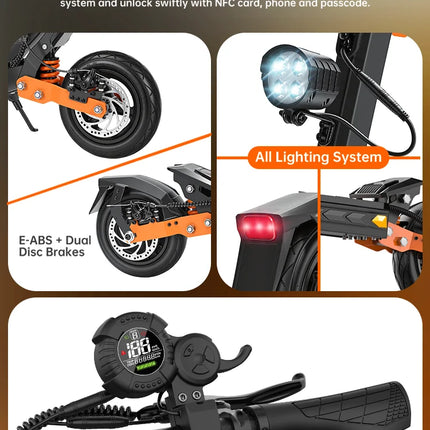 Monopattino Elettrico Fynzo T11 City con Sospensioni a Forcellone, 48V/15.6Ah 1100W, Pneumatici Tubeless da 10 Pollici, Blocco NFC e Codice, Freni a Disco E-ABS