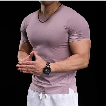Men's gym fitness workout clothing slim fit short sleeve breathable high elasticity sports T-shirt, running sports
