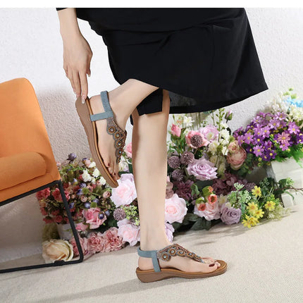New 2026 Women's Summer Bohemian Style Sandals, Flip-Flop Design with Beaded and Rhinestone Buckle, Elastic Heel Strap, Comfortable Everyday Shoes