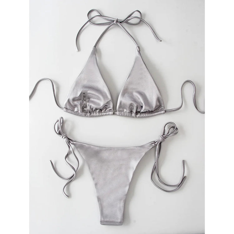 Sexy 13 colori Halter Satin Bikini brasiliano Donna Costumi da bagno Costume da bagno femminile Bikini a due pezzi Bagnante Costume da bagno Swim V4966 platinumshop