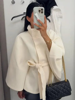 Elegant Wool Blend Cropped Coat With Belt For Women Chic Stand Collar Button Three Quarter Sleeve Jacket 2025 Autumn Outerwear
