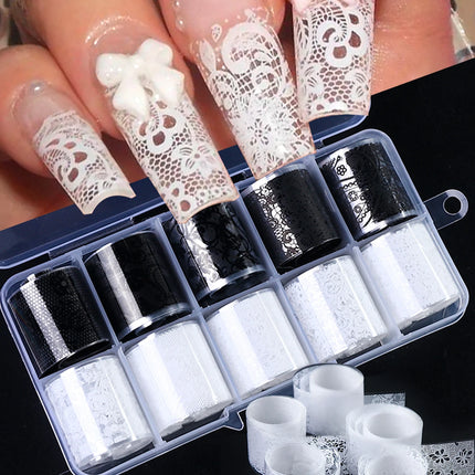 10 Sheets Lace Nail Foil White & Black Nail Stickers Design Transfer Foils Starry Sky Paper Nail Art Foil Decals for Nails Salon