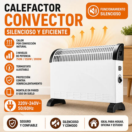 2000W Silent Electric Convector Radiator with 3 Power Levels, Adjustable Thermostat and Overheating Protection, Wall or Floor Heater for Home or Office
