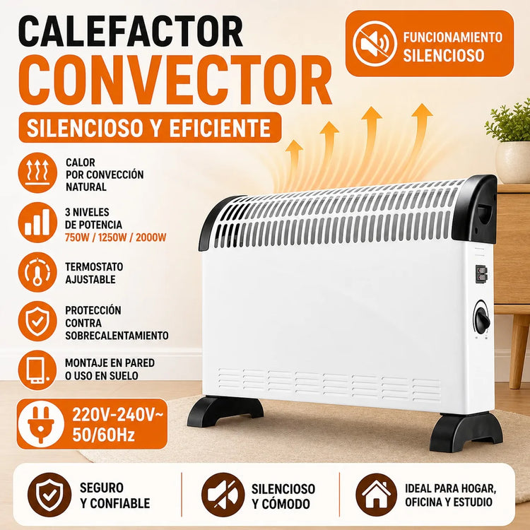 2000W Silent Electric Convector Radiator with 3 Power Levels, Adjustable Thermostat and Overheating Protection, Wall or Floor Heater for Home or Office