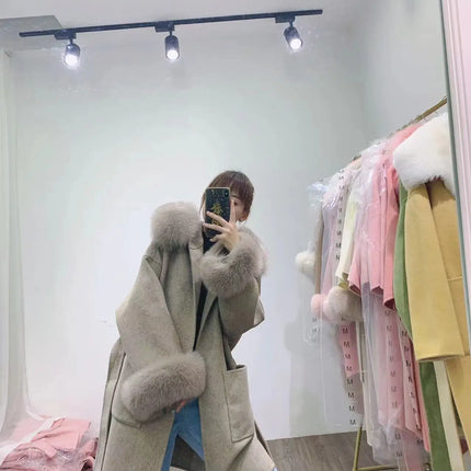 2024 New Oversize Ladies Outerwear Real Fur Coat Winter Jacket Women Natural Fox Fur Collar Cuffs Hood Cashmere Wool Woolen