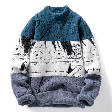 Mink Plush Thickened Round Neck Sweater New Men's Autumn Winter Loose Print Patchwork Fashion Knitted Sweater Long Sleeved Tops