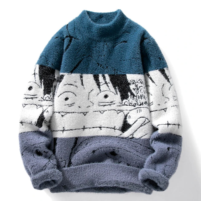 Mink Plush Thickened Round Neck Sweater New Men's Autumn Winter Loose Print Patchwork Fashion Knitted Sweater Long Sleeved Tops