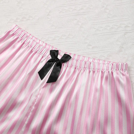 Pigiama da donna in raso di seta Set da studente a maniche corte Homewear Cardigan in due pezzi Risvolto Senso senior di strisce rosa di grandi dimensioni platinumshop