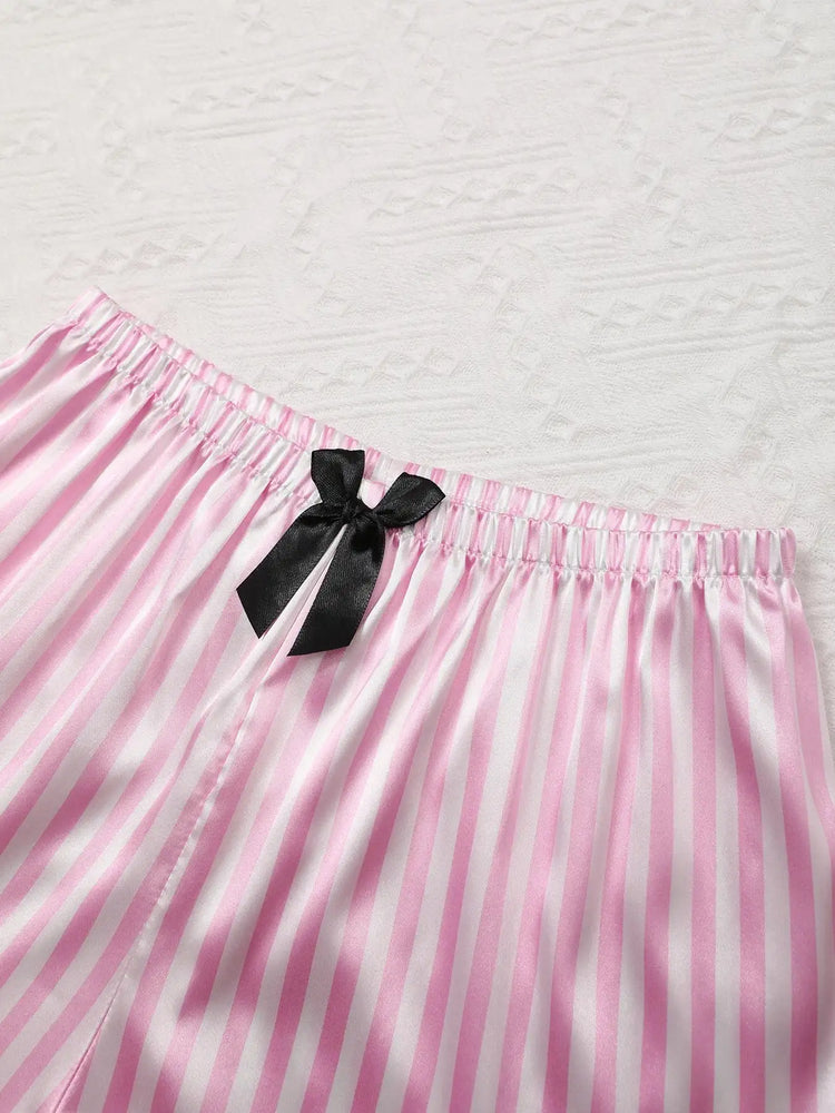 Pigiama da donna in raso di seta Set da studente a maniche corte Homewear Cardigan in due pezzi Risvolto Senso senior di strisce rosa di grandi dimensioni platinumshop