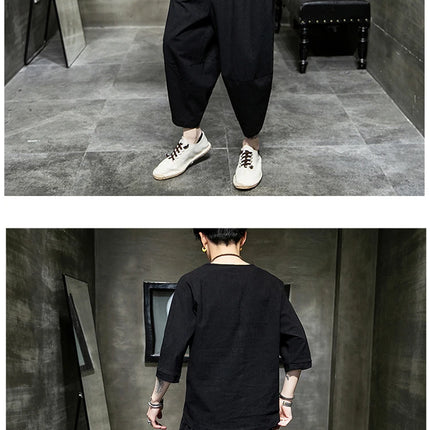 Stile giapponese due pezzi t-shirt pantaloni uomo uomo abiti Kimono maniche corte giappone Harajuku Yukata Cardigan Costume top pantaloni
