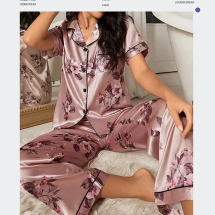 Pigiama da donna elegante pigiameria in raso Pj Set stampa floreale bottoni manica corta risvolto top e pantaloni lunghi indumenti da notte vestiti per la casa platinumshop