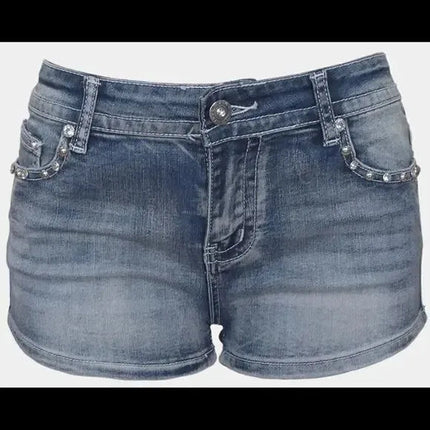 Women Rider Motorcycle Wing Rivet Embroidery Shorts Y2k Vintage Gothic Hot Girl Sexy Washed Denim Shorts Low Waist Mini Skirts PlatiNum