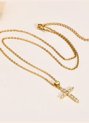 Danity Cubic Zirconia Cross Pendant Necklace for Women, Stainles Steel Chain Adjustable PlatiNum
