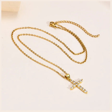 Danity Cubic Zirconia Cross Pendant Necklace for Women, Stainles Steel Chain Adjustable PlatiNum